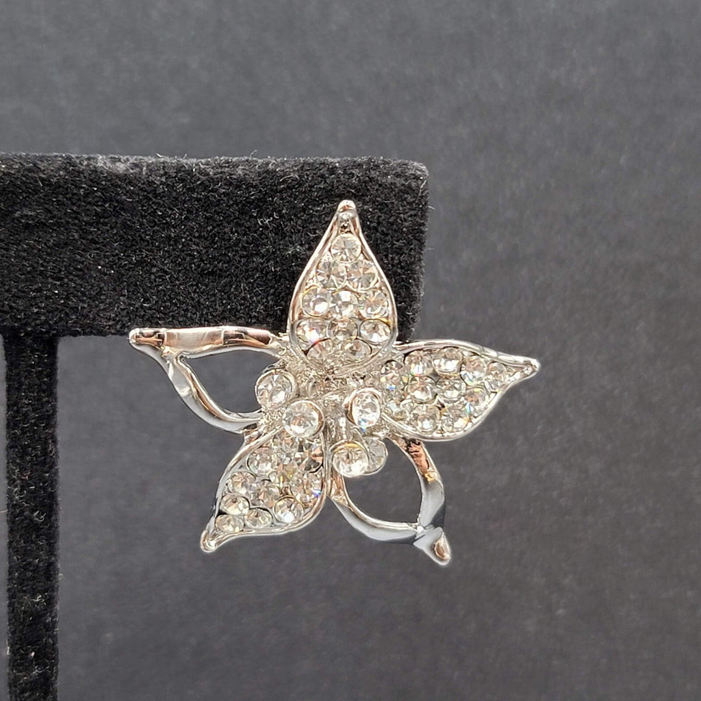 Pierced Earrings Silver Plated Crystal Rhinestone Drop Flower Signed 1 3/8"