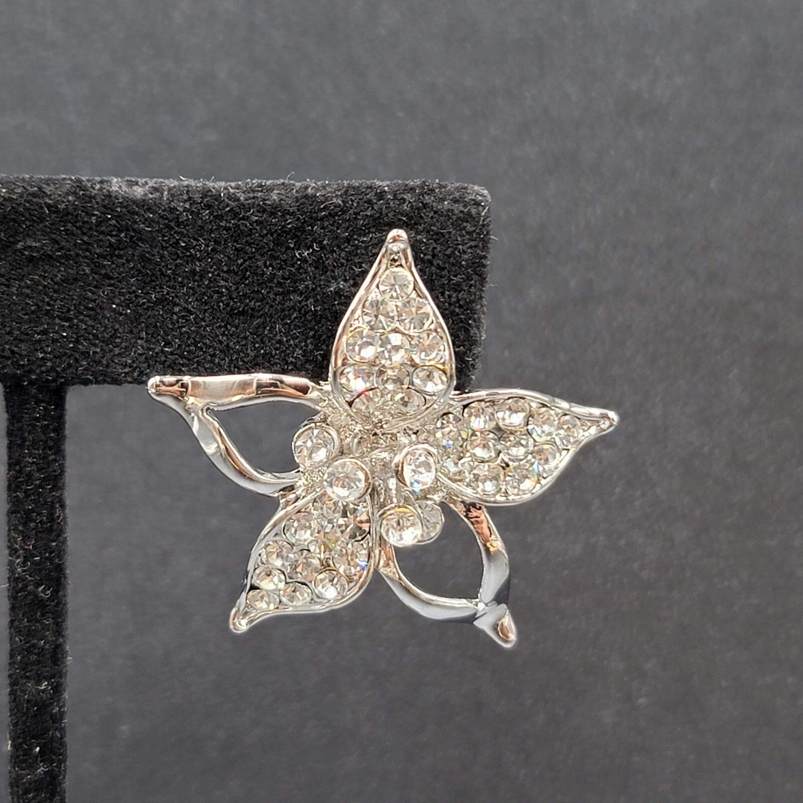 Pierced Earrings Silver Plated Crystal Rhinestone Drop Flower Signed 1 3/8"