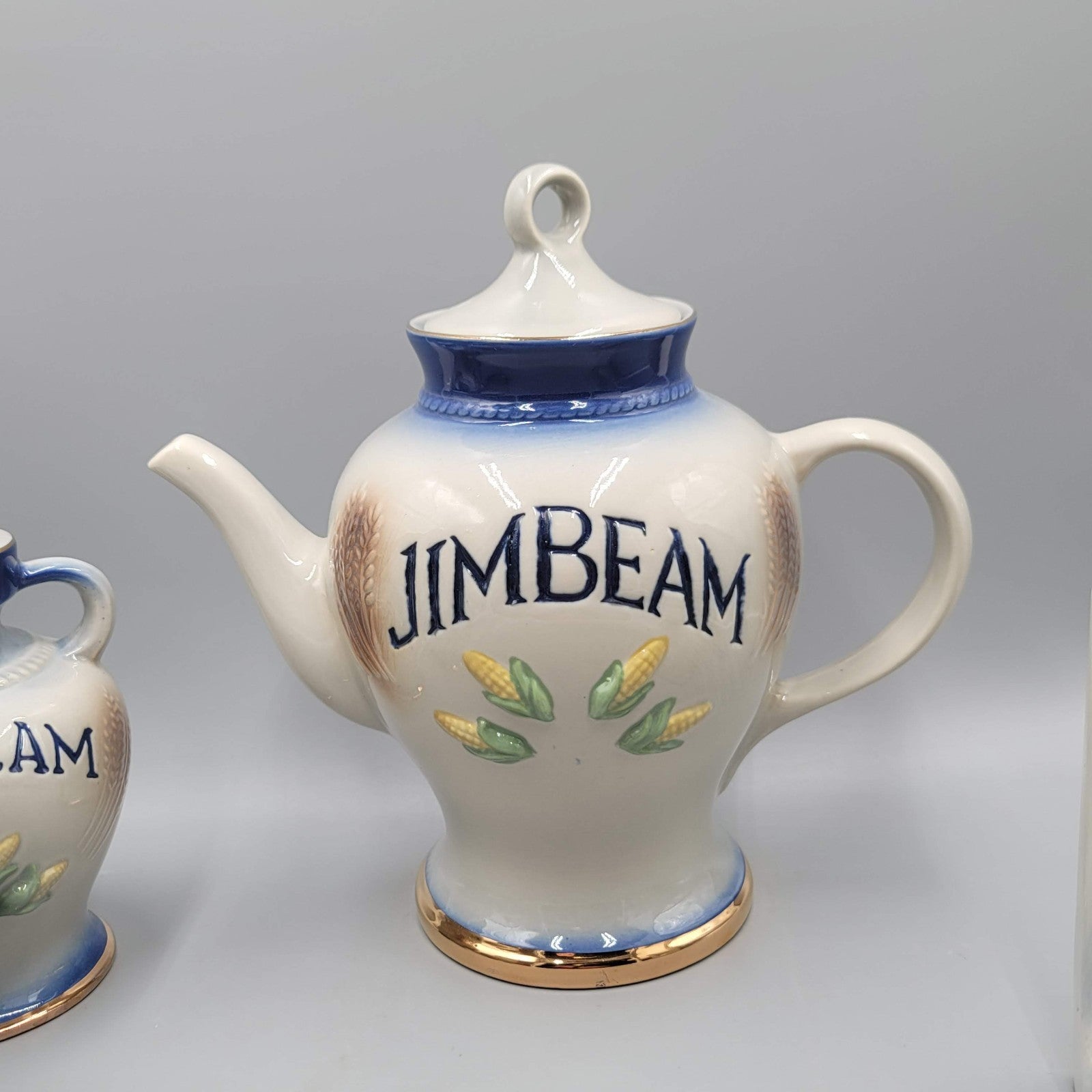 Jim Beam Tea Pot Napkin Holder and  2 Vases Corn Blue Set