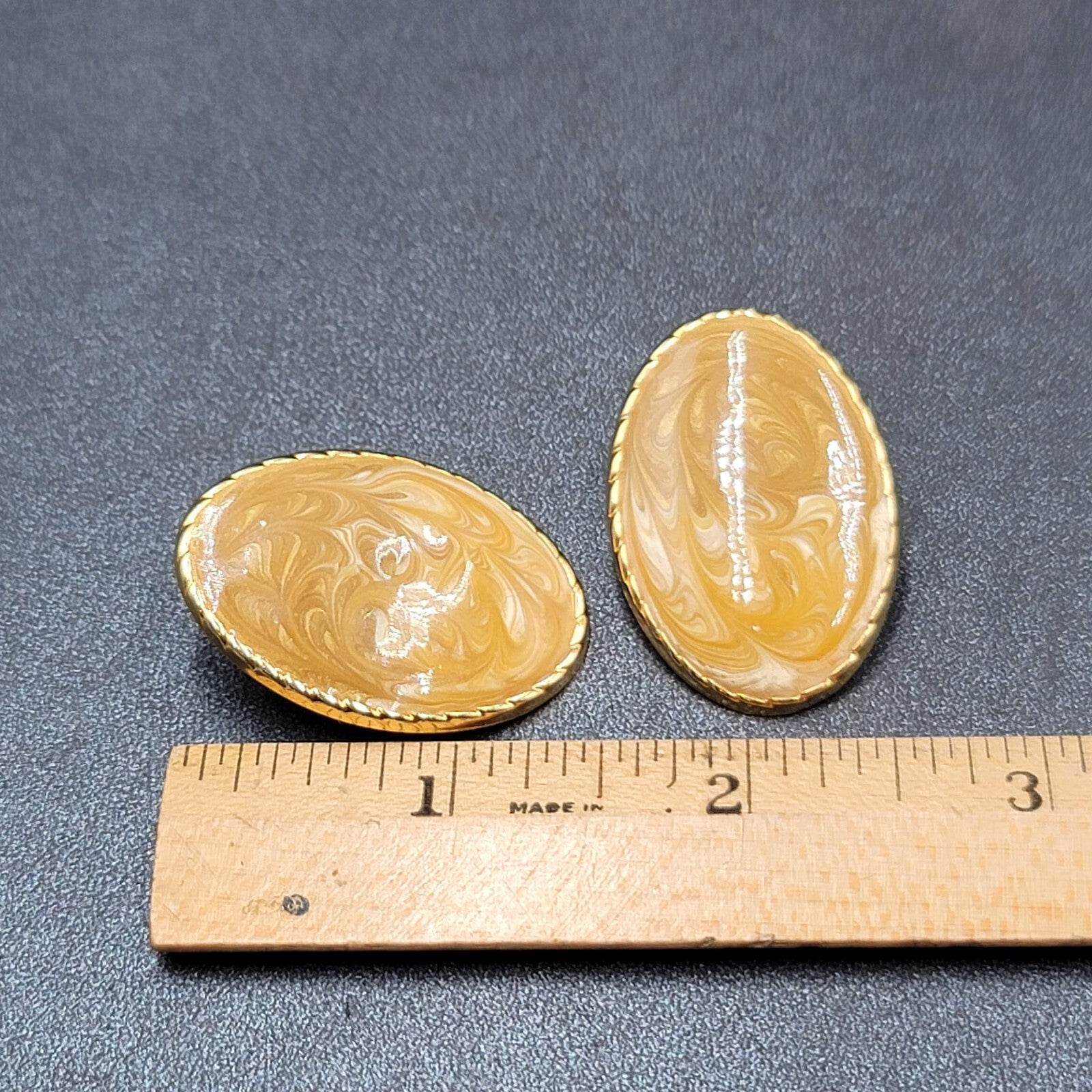 Vintage Pierced Earrings Gold tone Peach Enamel Swirl Large Oval Drop 1.5"