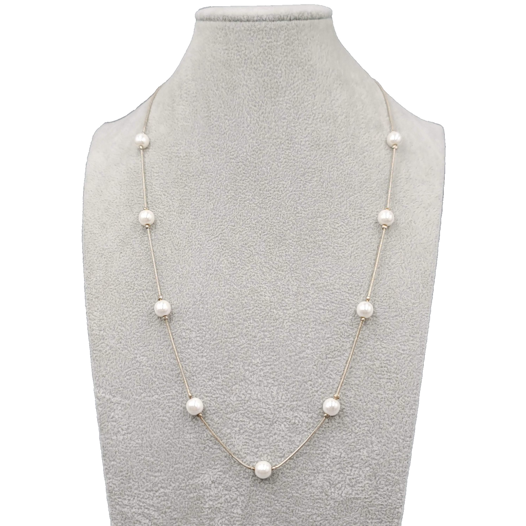Faux Pearl Bead Station Necklace Silver tone 24 in
