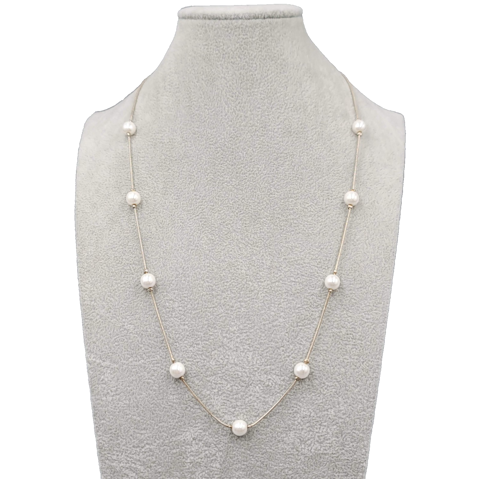 Faux Pearl Bead Station Necklace Silver tone 24 in
