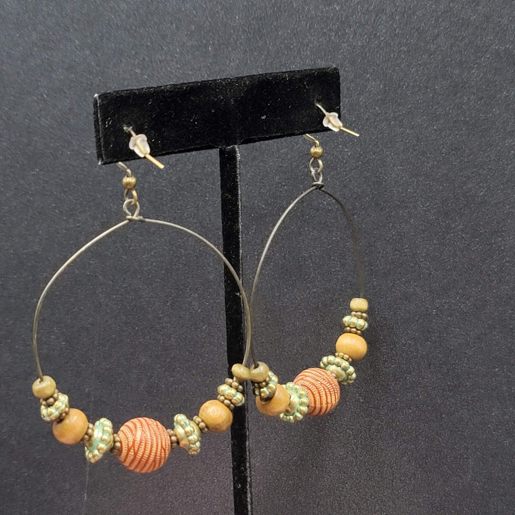 New Boho Pierced Earrings Gold tone Green Accent Wood Beaded Hoops 2"