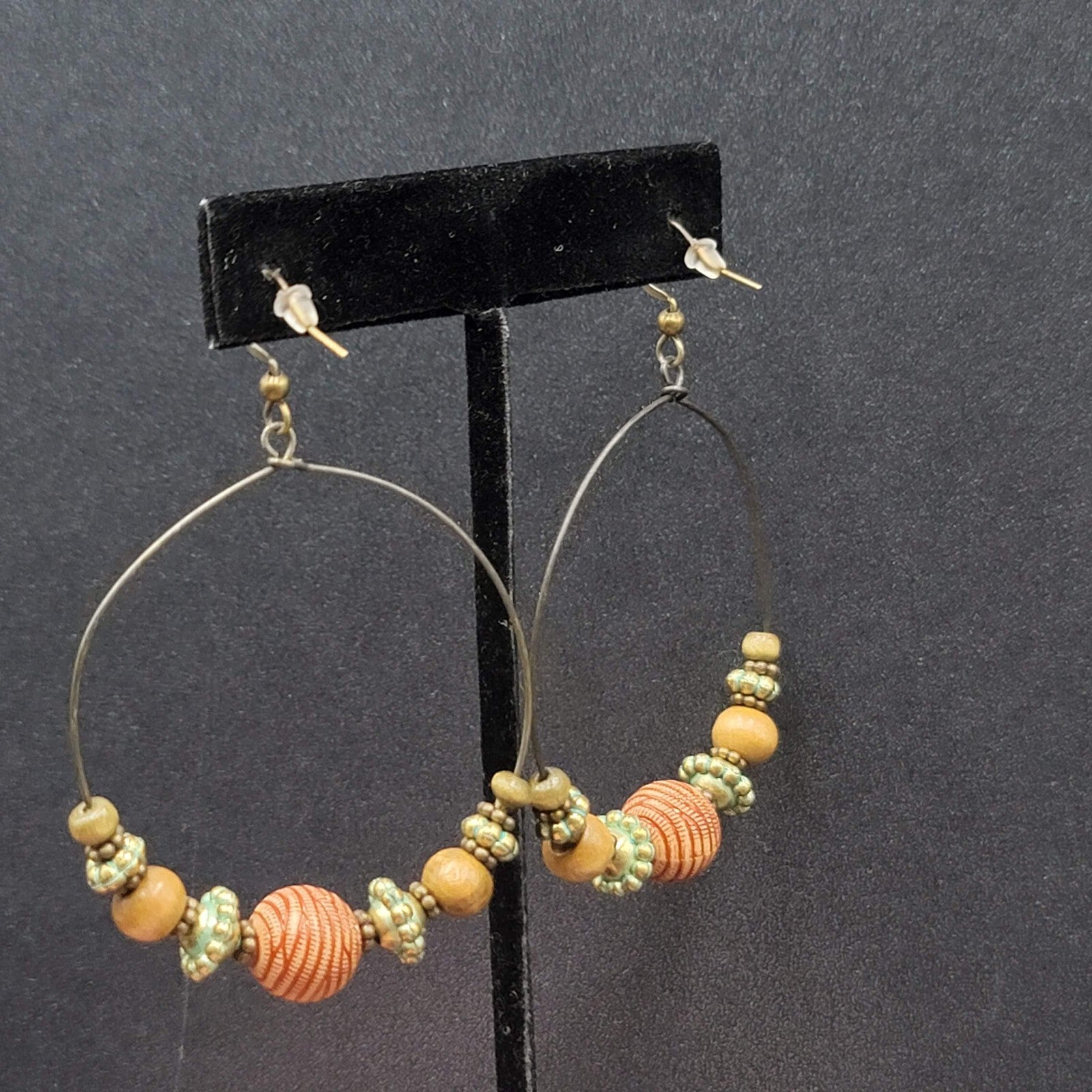 New Boho Pierced Earrings Gold tone Green Accent Wood Beaded Hoops 2"