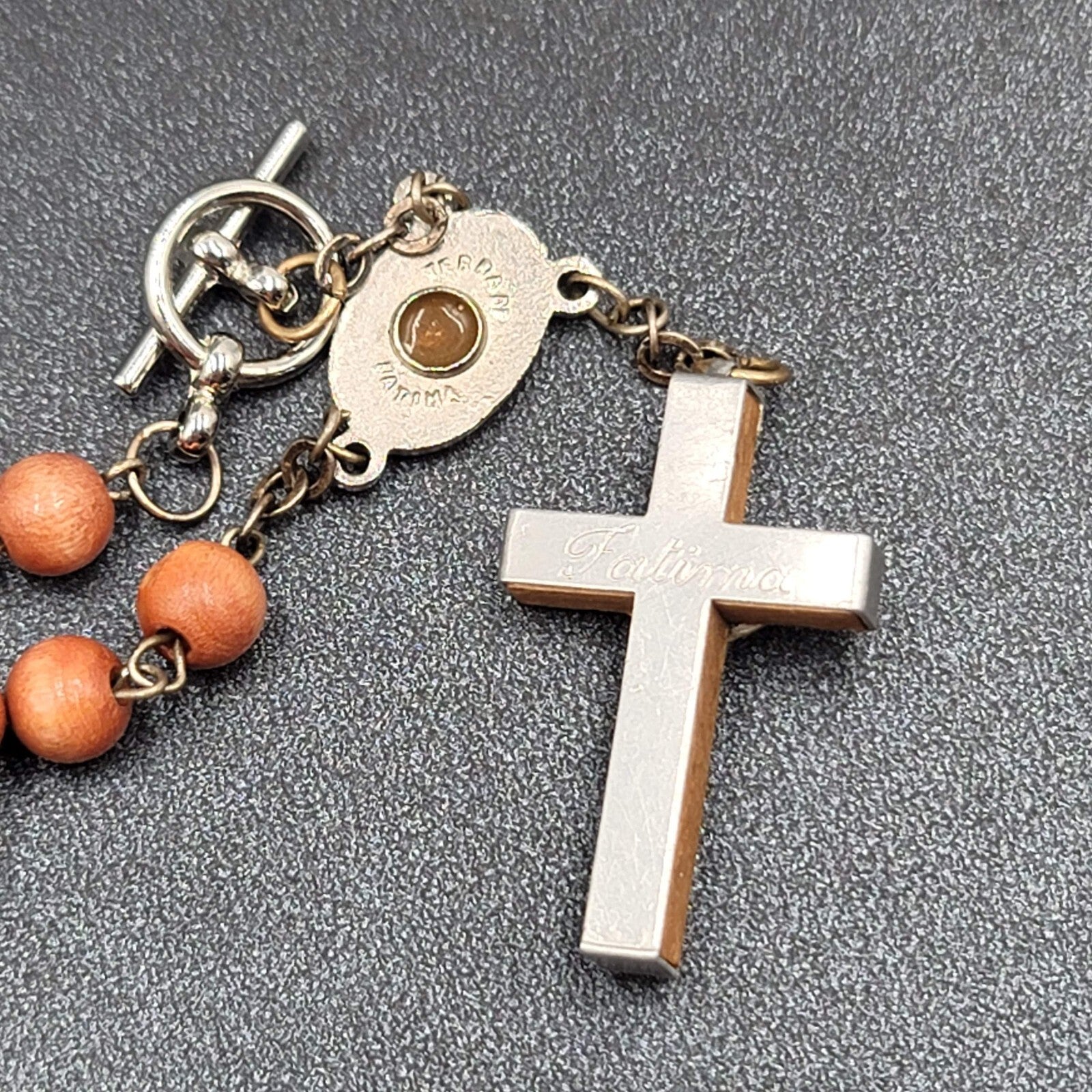 Rosary Bracelet Wood Beads Catholic Religious 8" Silver tone Metal