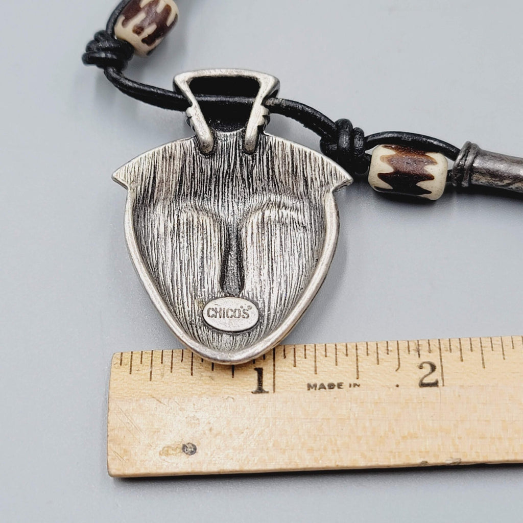 Chicos Face Pendant Necklace Silver tone Beaded 15"-19"