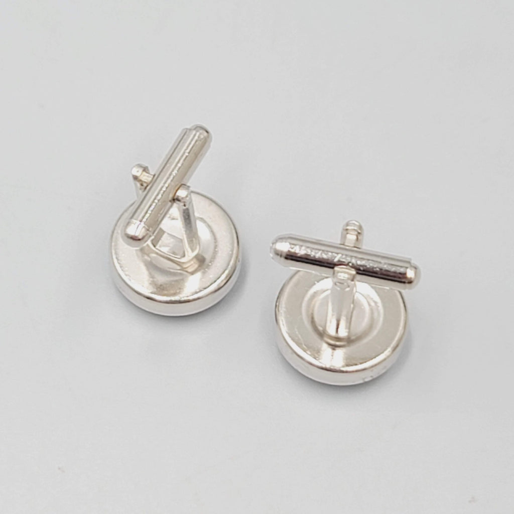 Mens Cufflinks Silver tone Round Dark Green Fabric Modern 5/8"