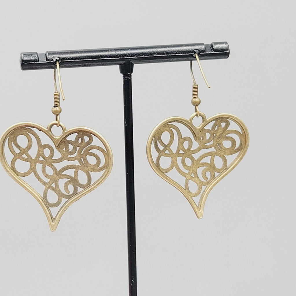 Heart Pierced Earrings Filigree Bronze tone Dangle New 1.25"