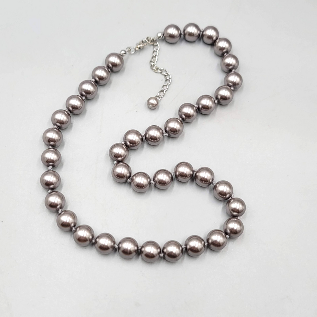 Gray Faux Pearl Necklace Hand Knotted Silver tone Elegant Holiday 16"-18"