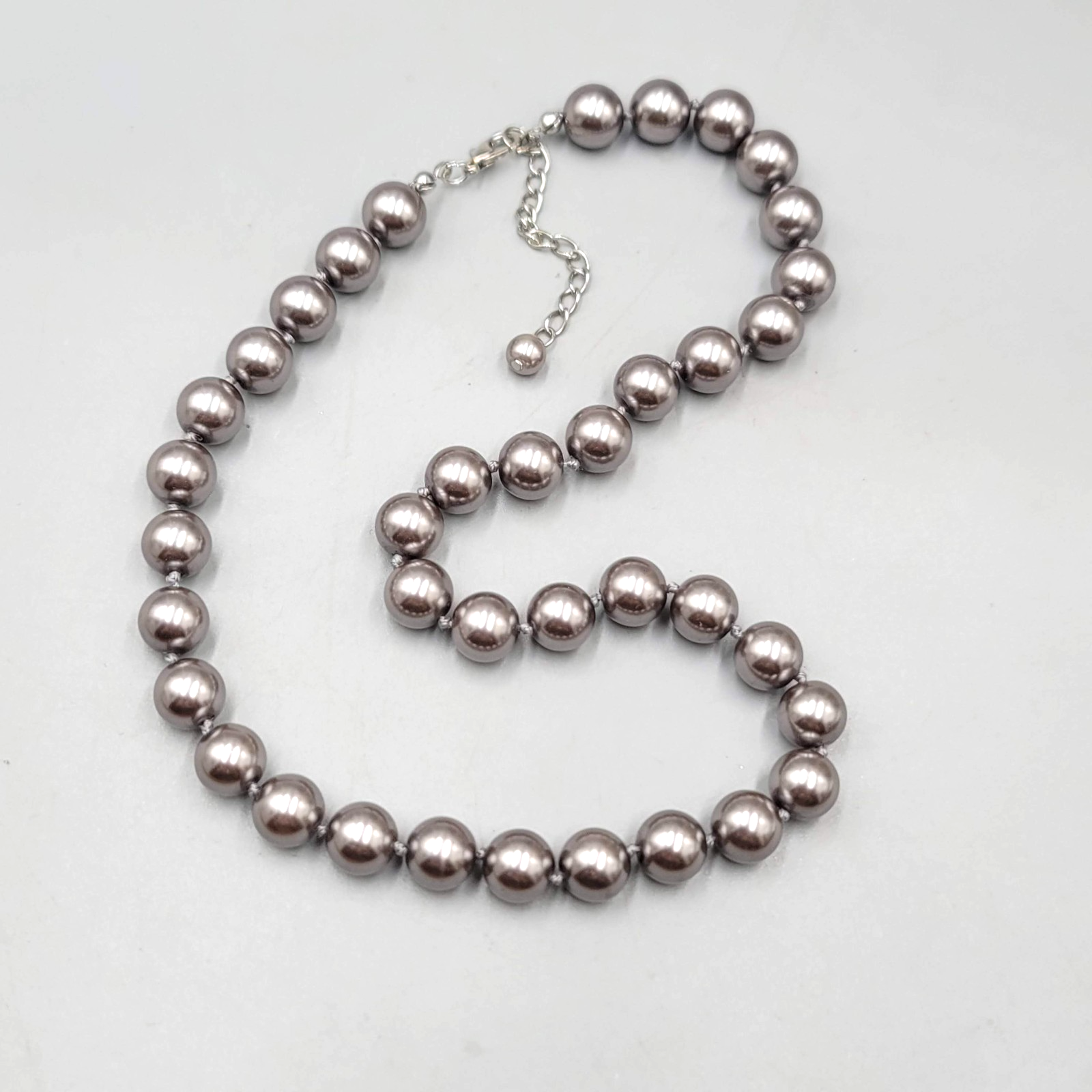 Gray Faux Pearl Necklace Hand Knotted Silver tone Elegant Holiday 16"-18"
