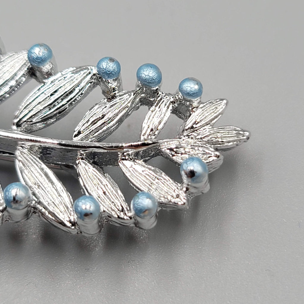 Vintage Gerrys Leaf Brooch Pin Blue Beads 2.25"