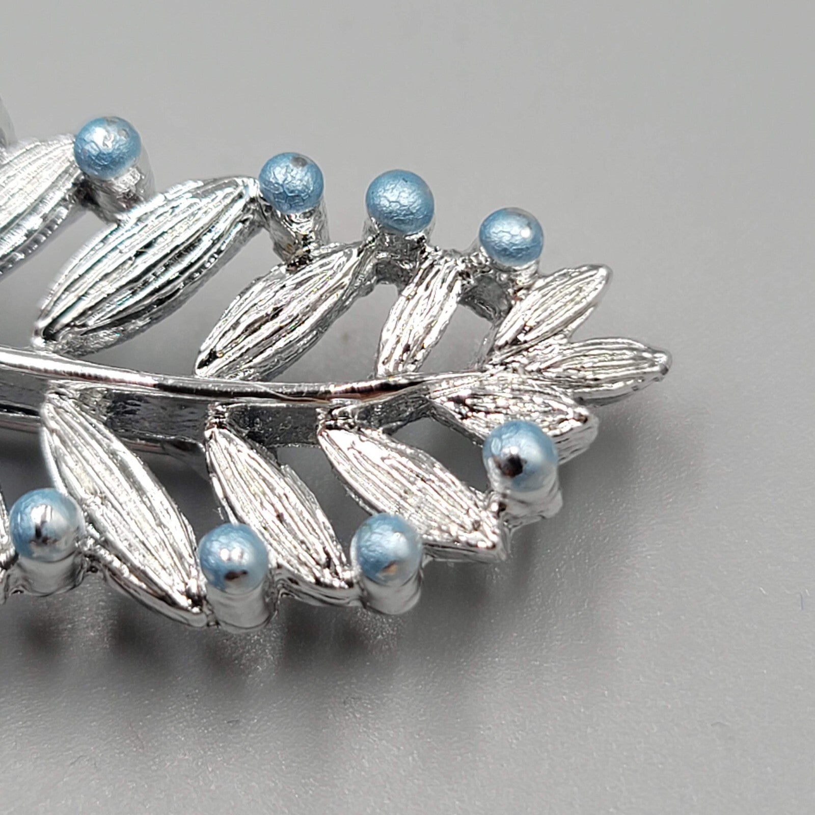 Vintage Gerrys Leaf Brooch Pin Blue Beads 2.25"