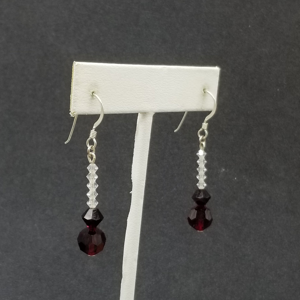 Pierced Earrings Silver tone Red Crystal Faceted Bead Dangle 1"