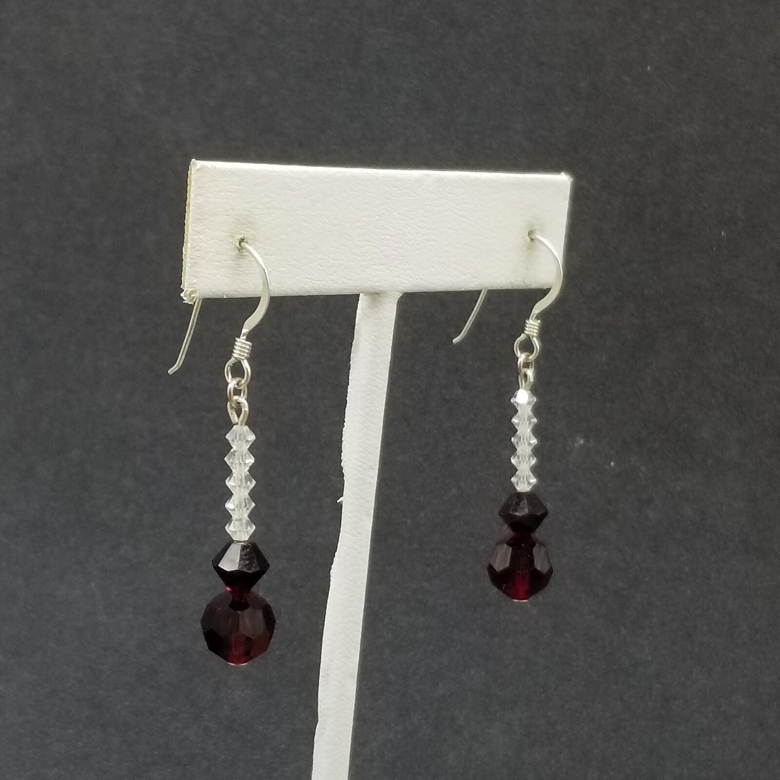 Pierced Earrings Silver tone Red Crystal Faceted Bead Dangle 1"