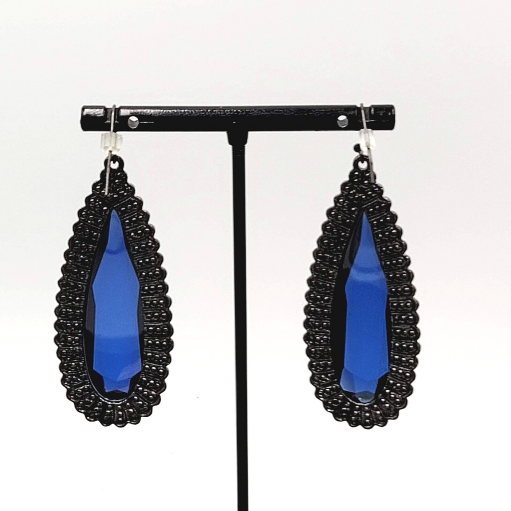 Pierced Earrings Black Metal Large Blue Glass Faceted Teardrop Gothic 2 1/8"