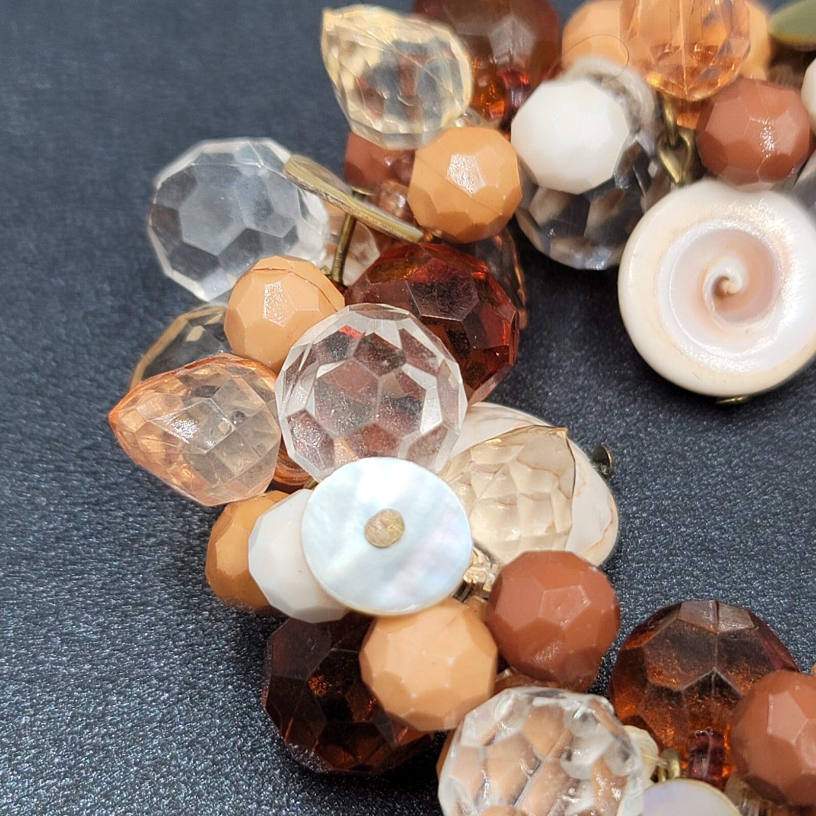 Cluster Bead Bracelet Faceted Acrylic and Shell Browns Creams Stretch Elastic