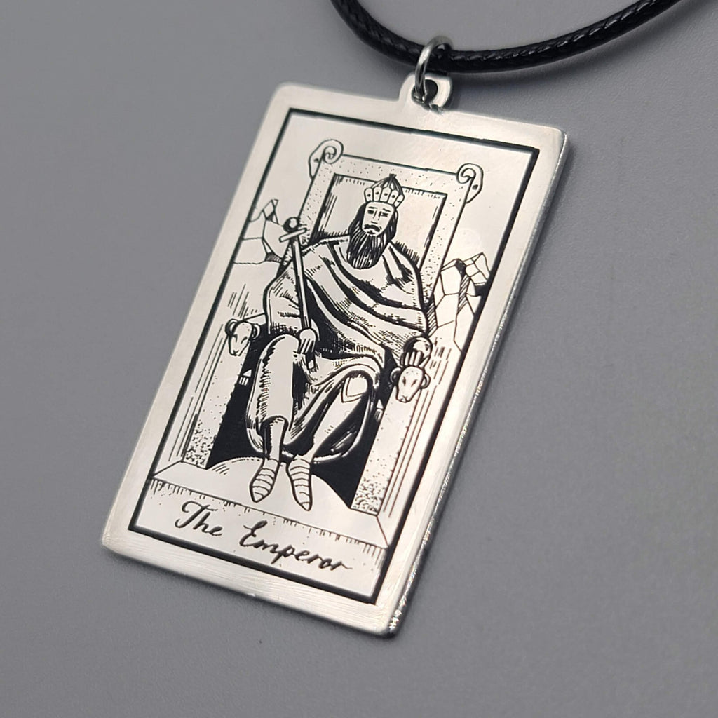 The EMPEROR Tarot Card Pendant Necklace Major Arcana Silver tone Black Cord 18" 
