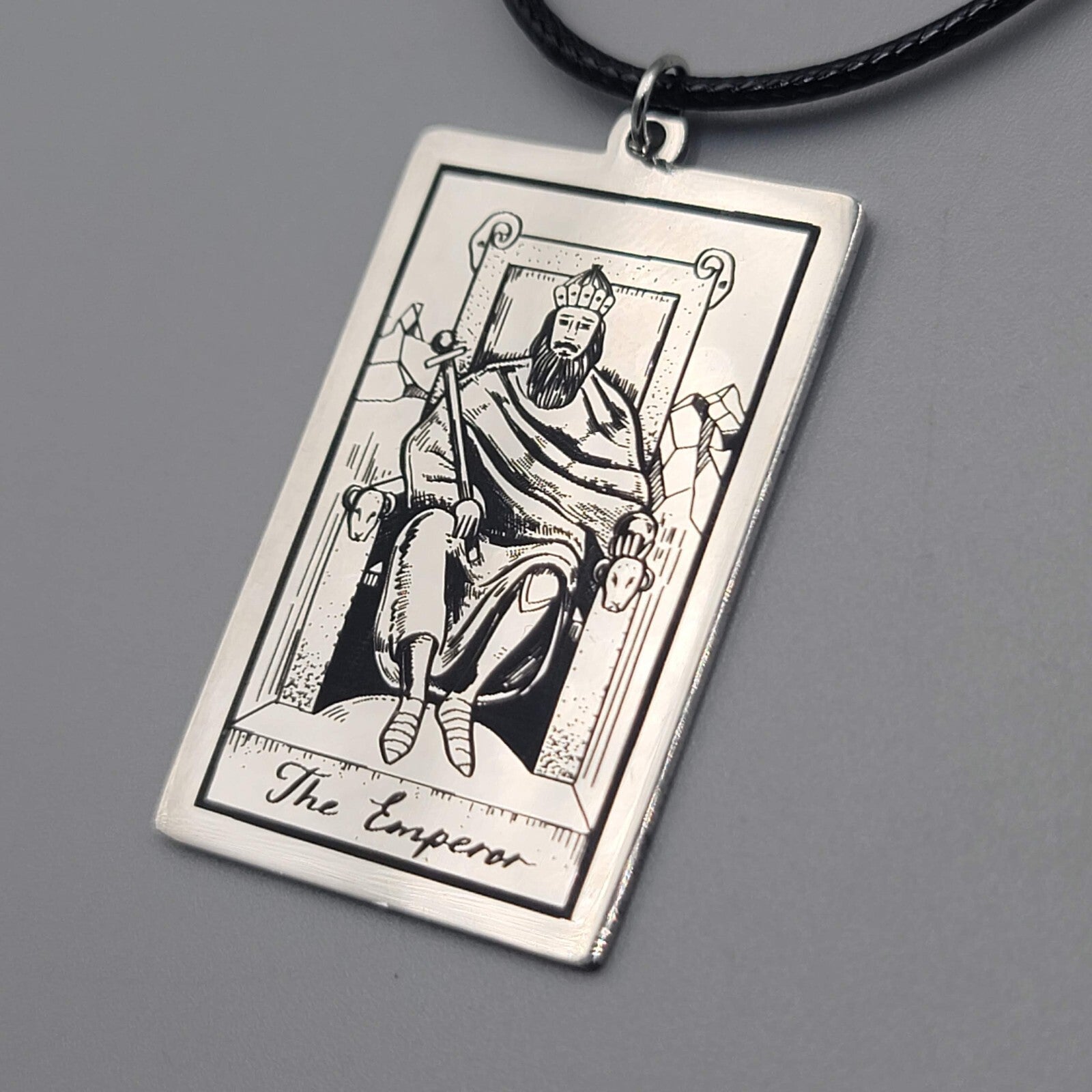 The EMPEROR Tarot Card Pendant Necklace Major Arcana Silver tone Black Cord 18" 