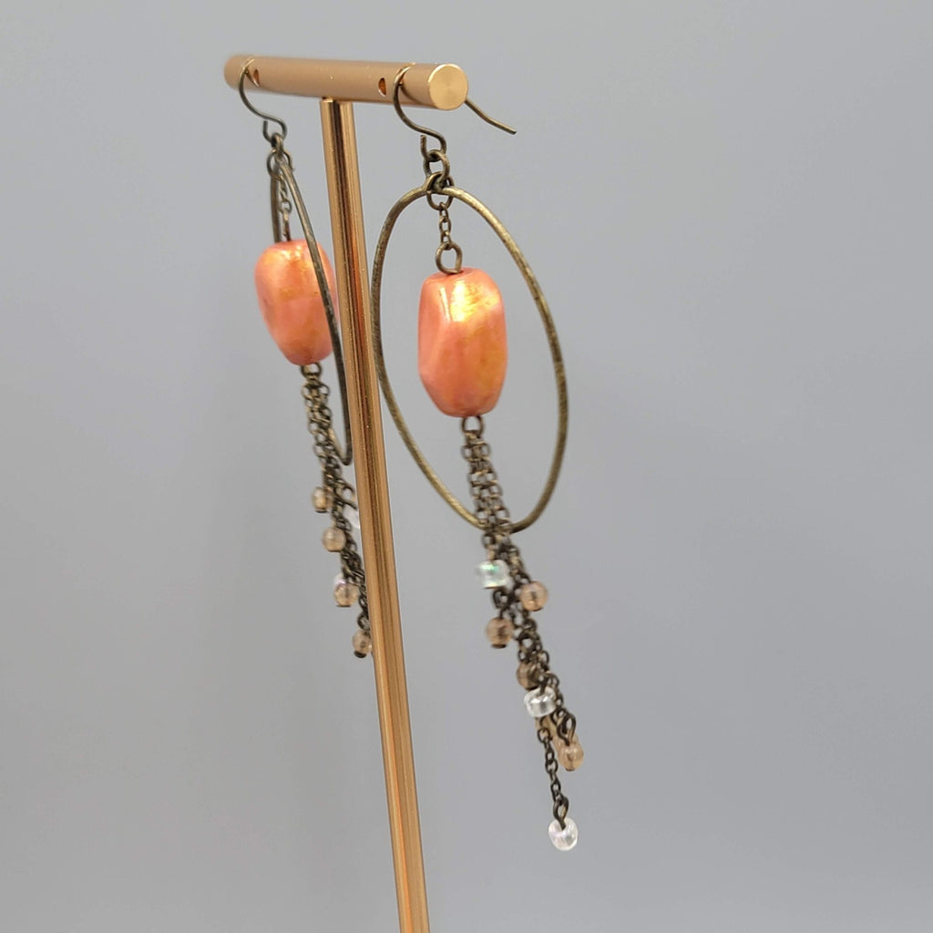 Dangle Chains Pierced Earrings Bronze tone Orange Bead Long 3.25 in