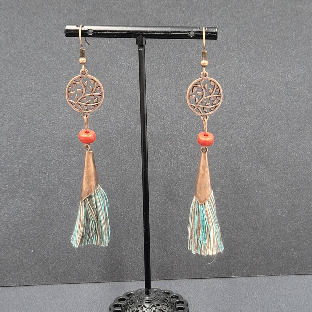 Pierced Earrings Copper tone Round Open Work Tassel Beaded Dangle 3"