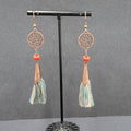 Pierced Earrings Copper tone Round Open Work Tassel Beaded Dangle 3"