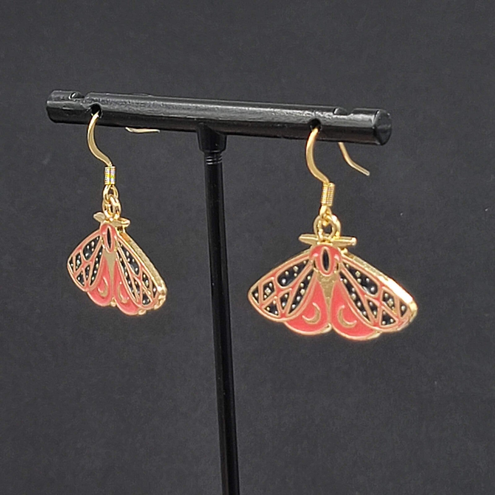 Moth Enamel Pierced Earrings Gold tone Dangle Butterfly