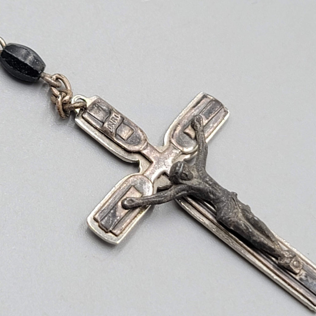 Catholic Rosary Crucifix Black Plastic Beads Silver tone Made in Italy