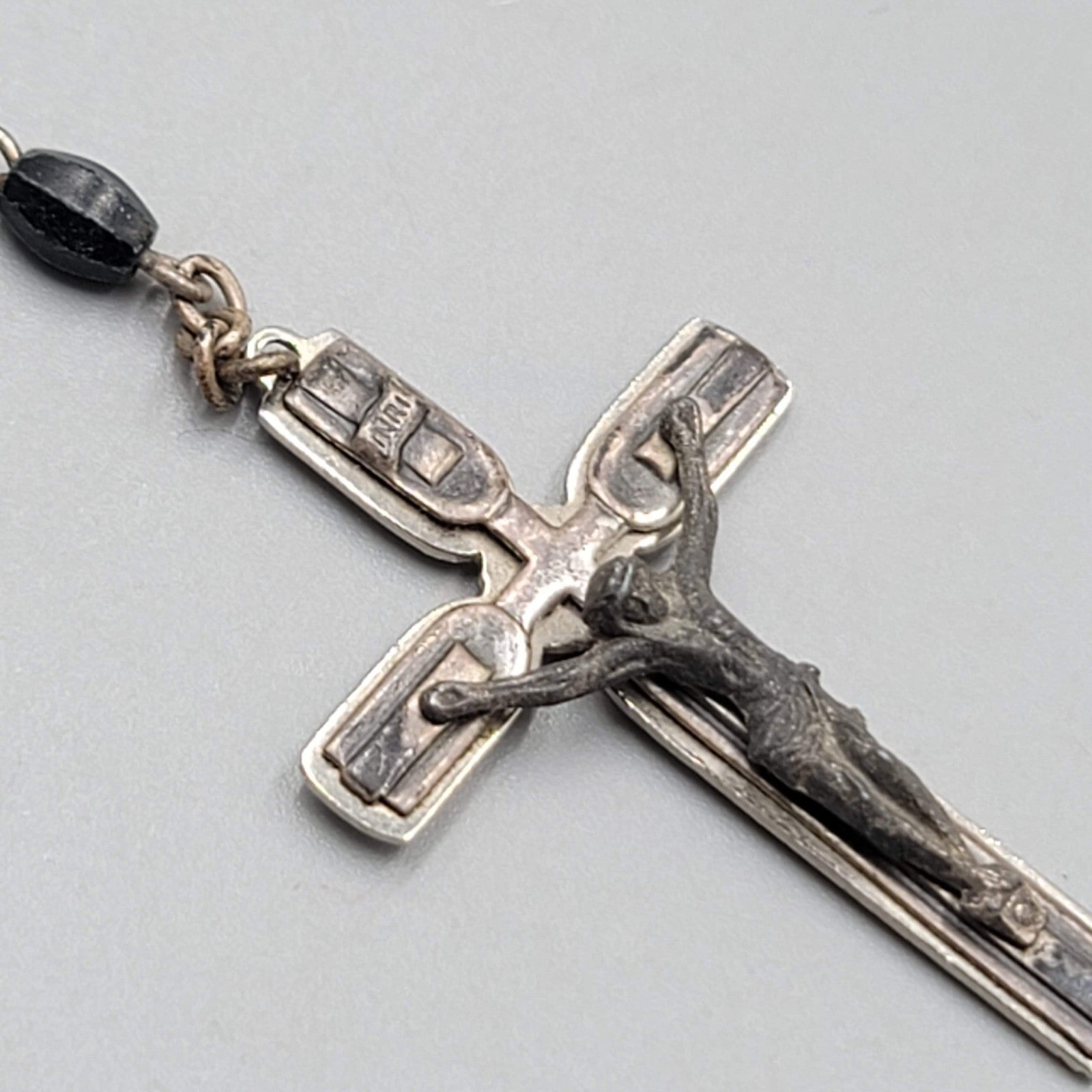Catholic Rosary Crucifix Black Plastic Beads Silver tone Made in Italy