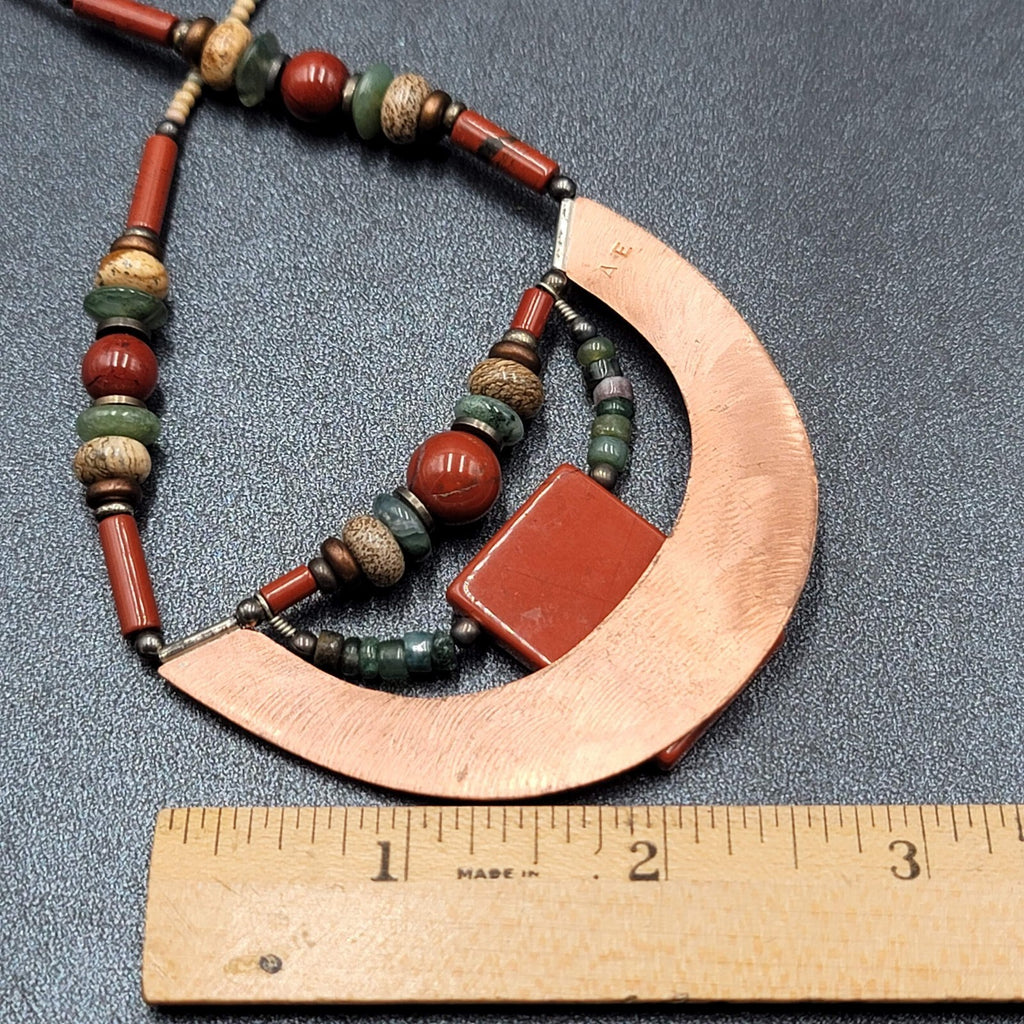 Artisan Necklace Handmade Gemstone Beaded Copper Pendant 20.5" Signed AE