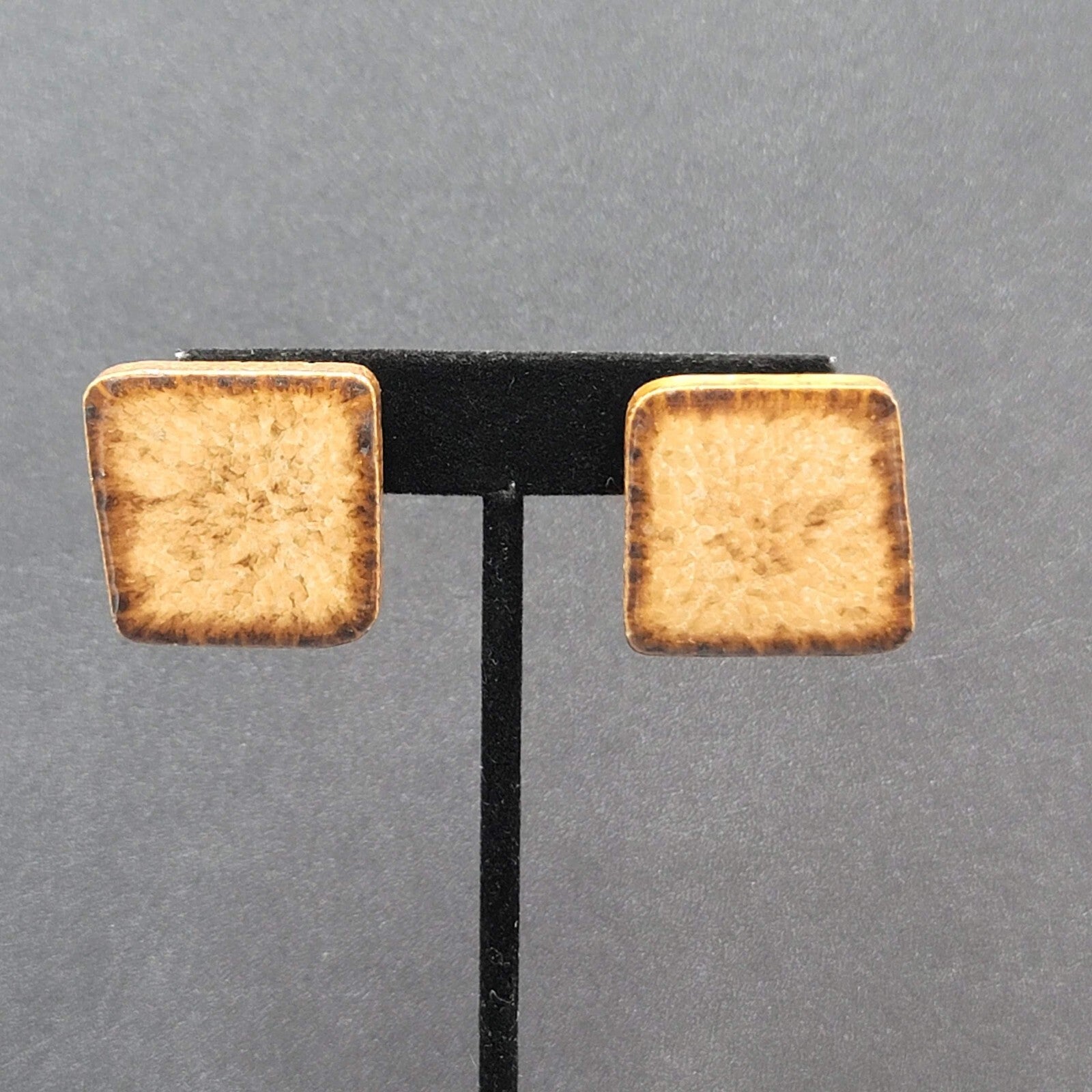 Pierced Earrings Clay Pottery Squares Brown  1 1/8"