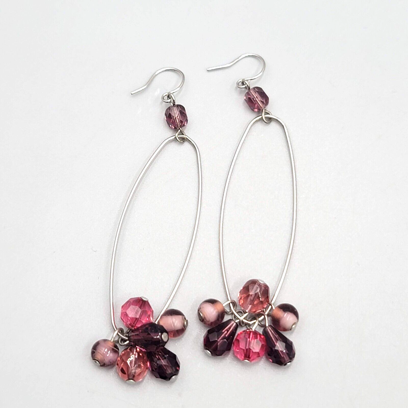 Purple Bead Long Hoop Pierced Earrings Silver tone Dangle 2.25"