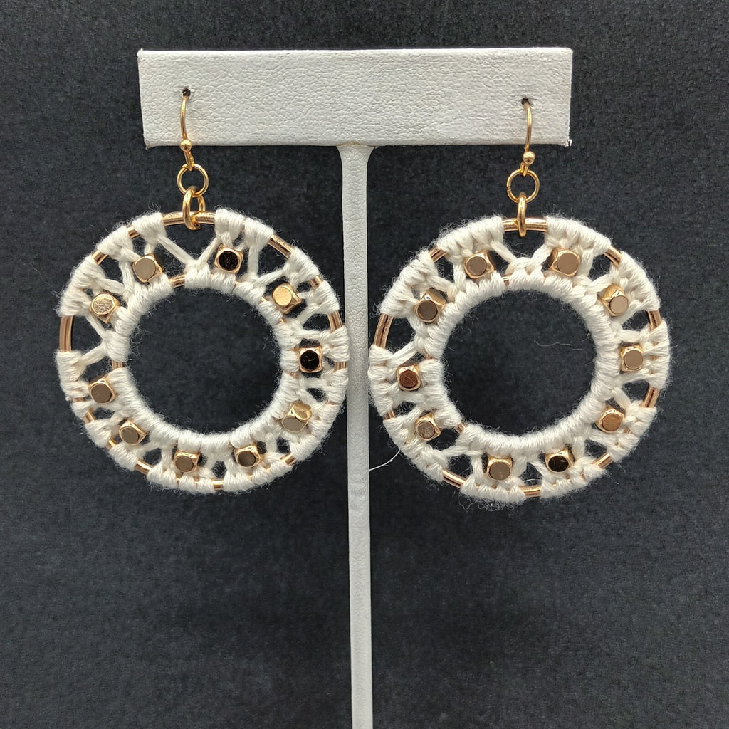 Pierced Earrings Gold tone Dangle Hoops White String Accents  Boho 2"