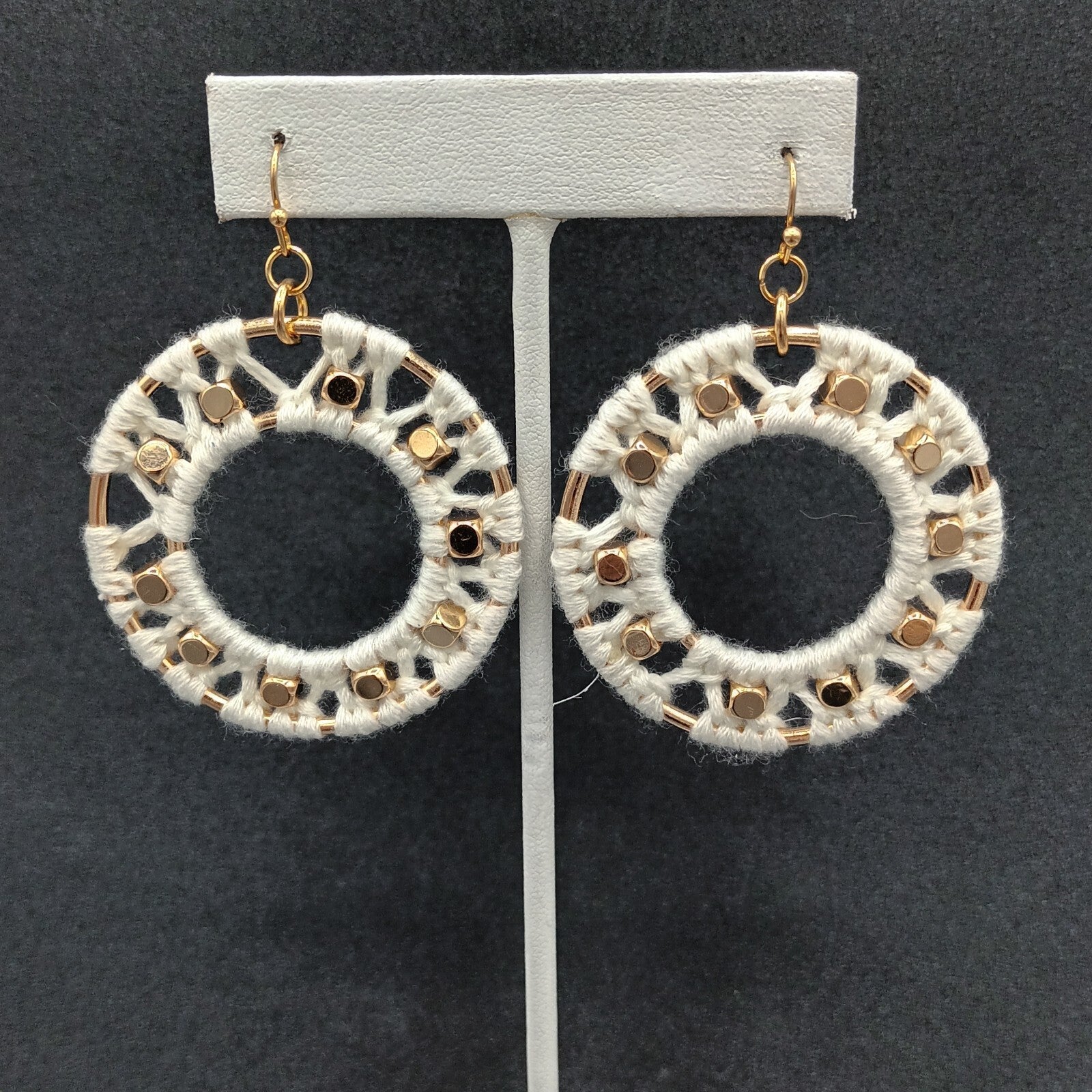 Pierced Earrings Gold tone Dangle Hoops White String Accents  Boho 2"
