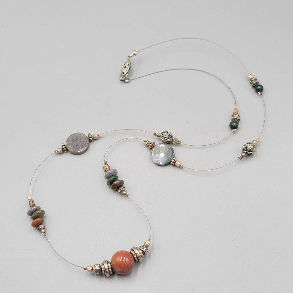 Station Artisan Necklace Multi Stone Bead Silver tone 30"