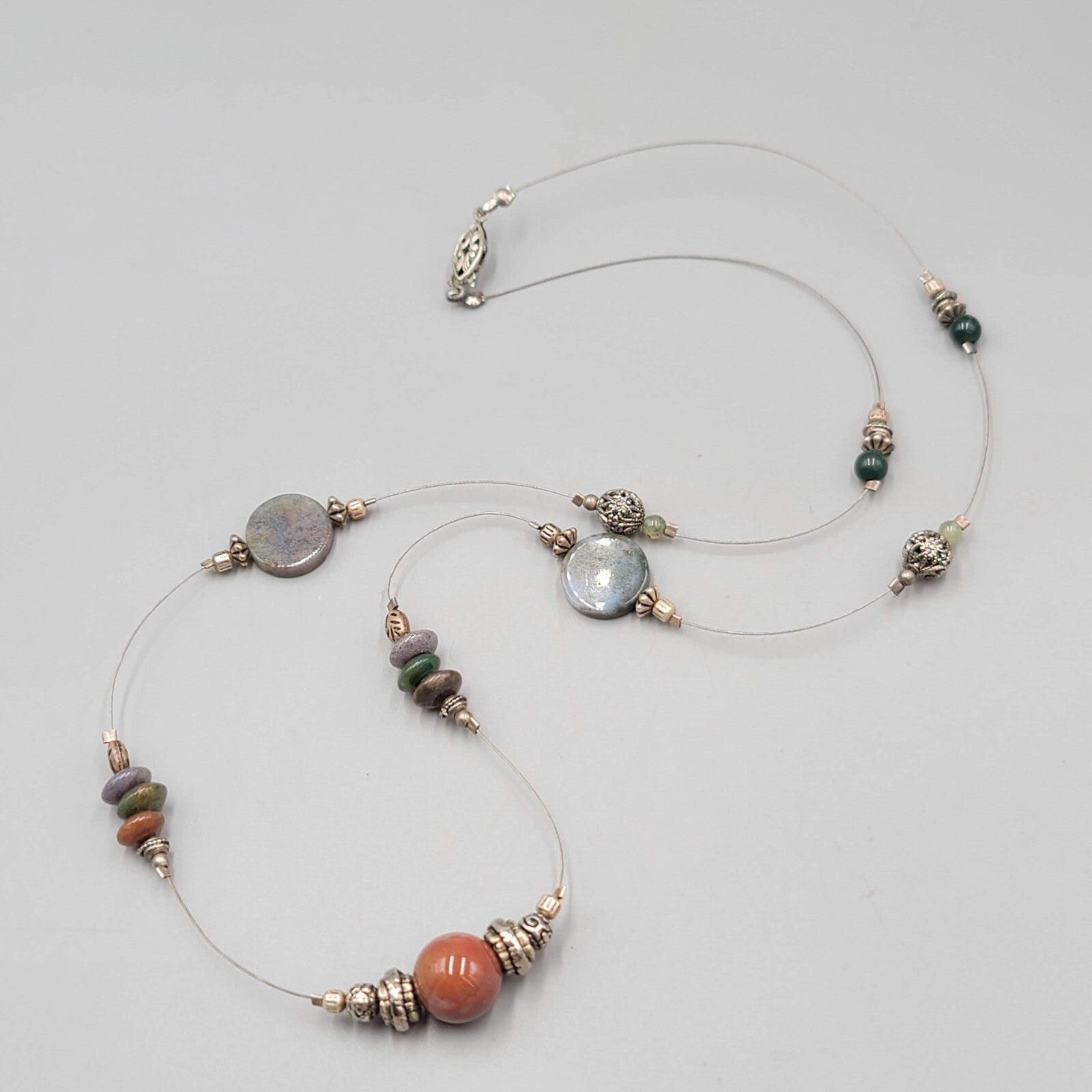 Station Artisan Necklace Multi Stone Bead Silver tone 30"