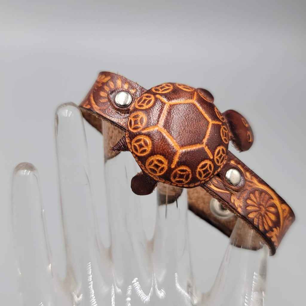 Brown Leather Sea Turtle Bracelet Engraved Snap Closure Small