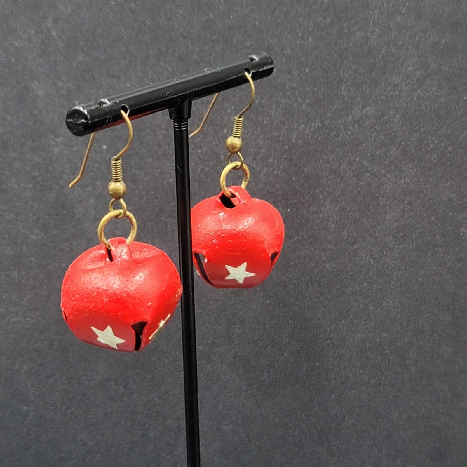 Christmas Pierced Earrings Gold Star Red Painted Jingle Bells 3/4"