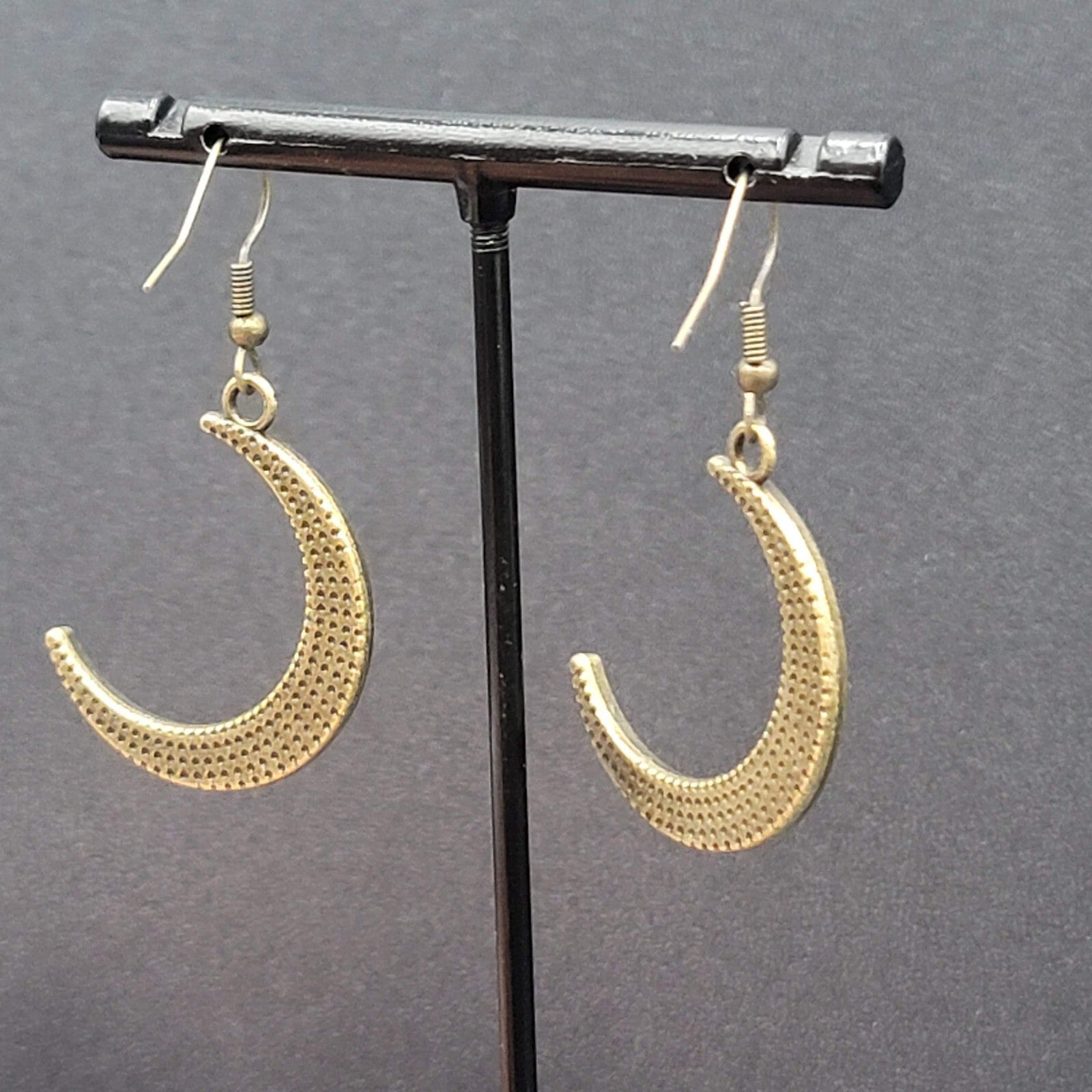 New Crescent Moon Pierced Earrings Embossed Pattern Bronze tone Dangle 1.25"