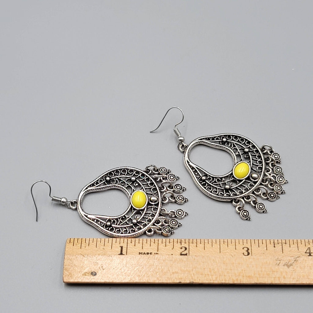 Chandelier Pierced Earrings Silver tone Yellow Accent Dangle 2"
