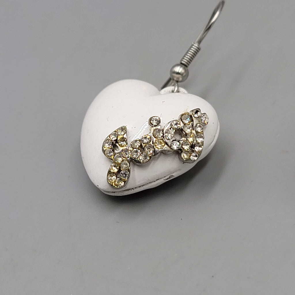 Juicy Pierced Earrings White Enamel Puffy Hearts Rhinestones Silver tone Dangle 