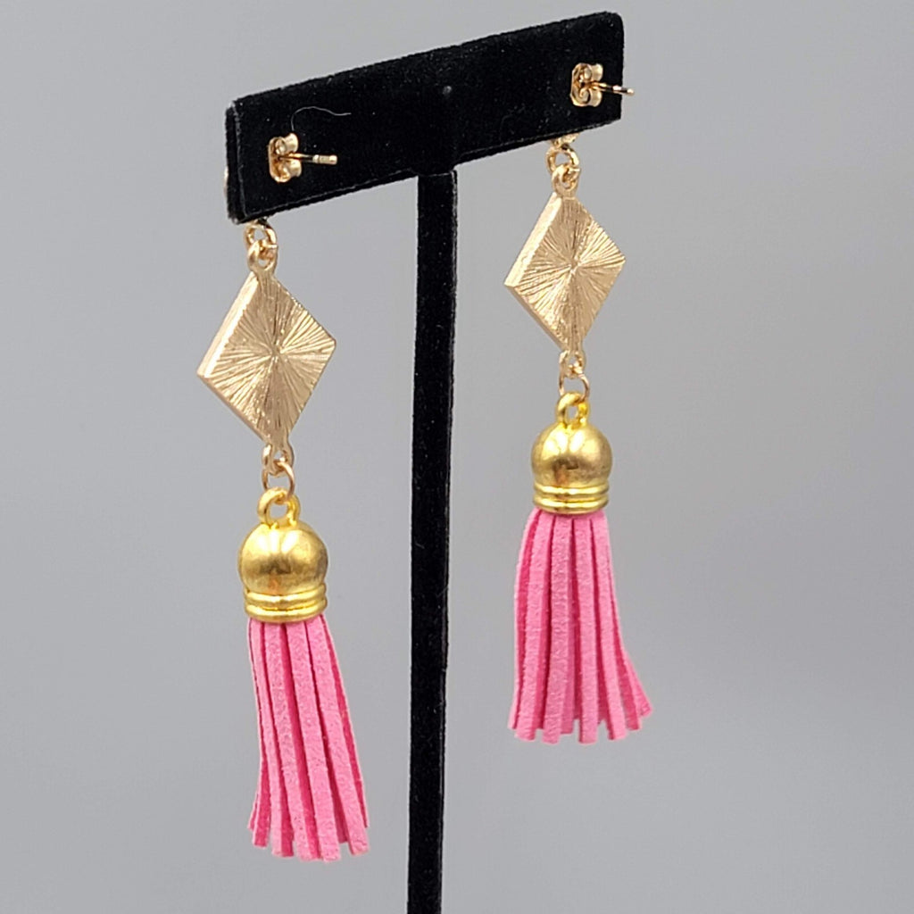 Pink Tassel Pierced Earrings Gold tone Dangle Long 3"