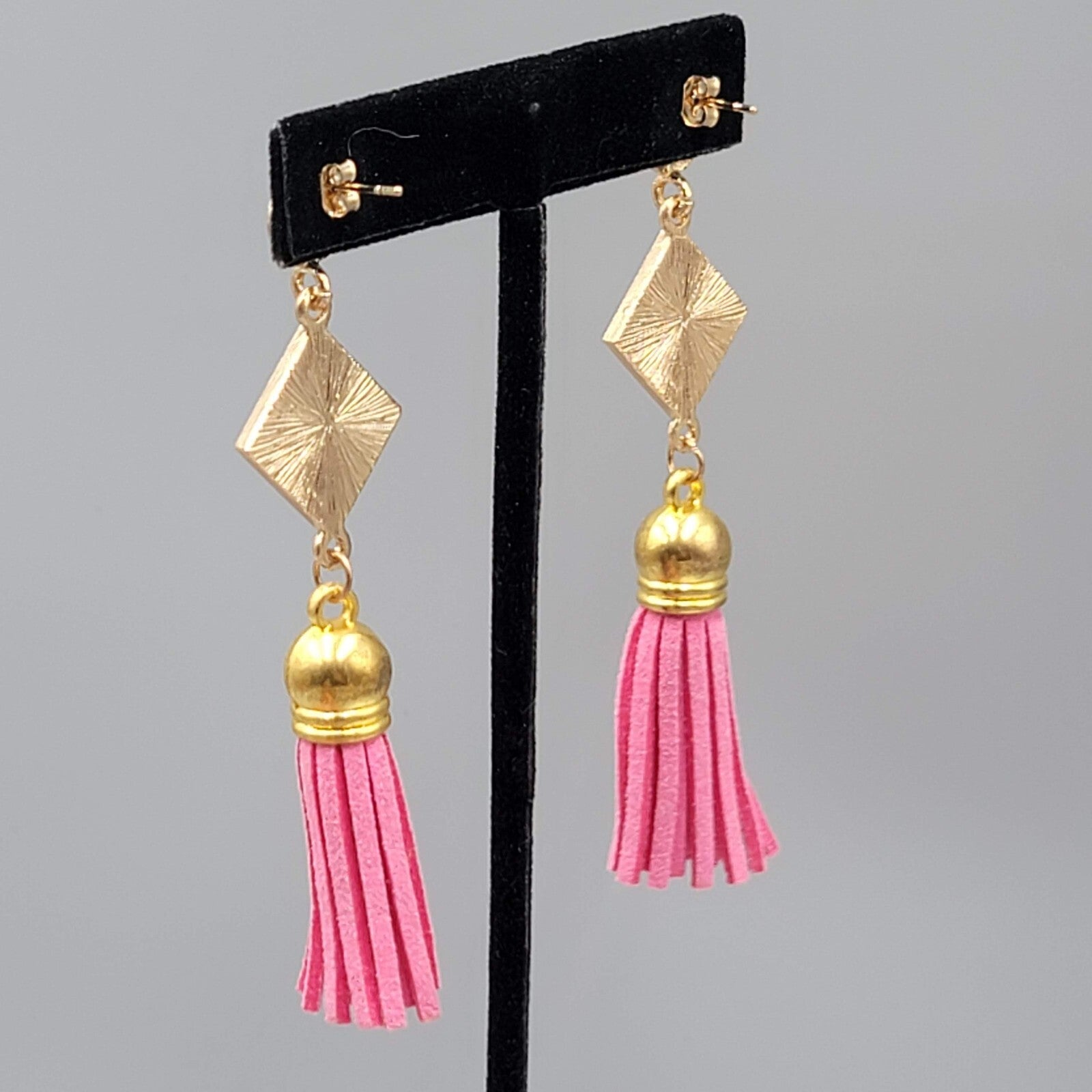 Pink Tassel Pierced Earrings Gold tone Dangle Long 3"