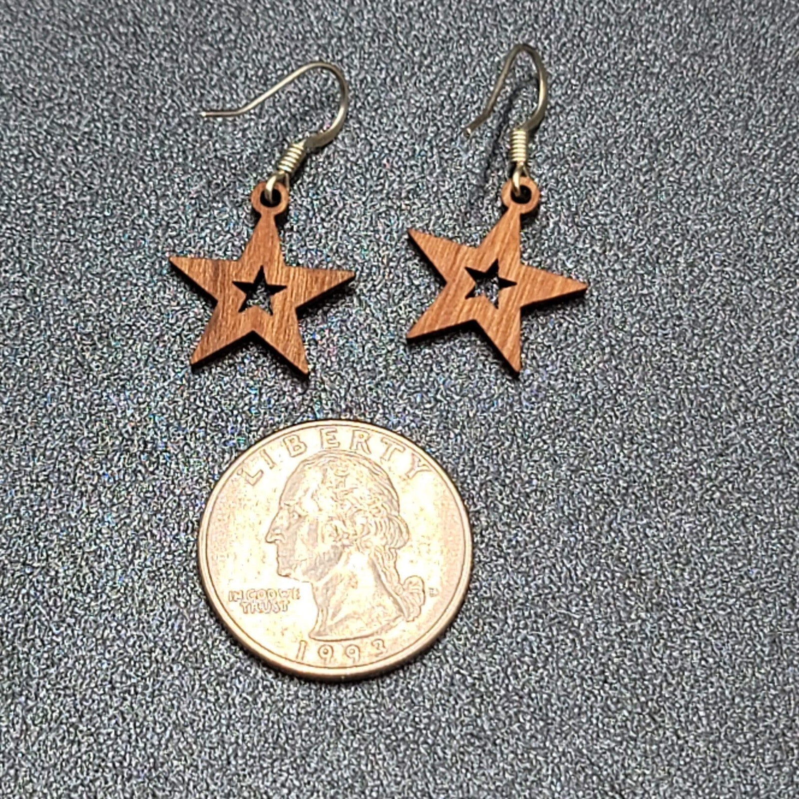 Star Pierced Earrings Wood Dangle 3/4"