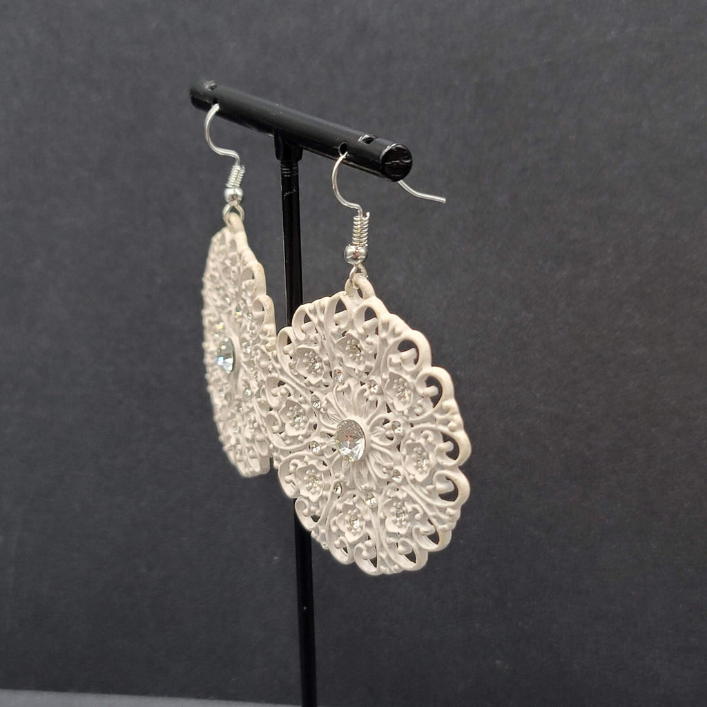 Pierced Earrings White Enamel Rhinestone Medallion Open Work 1.75"