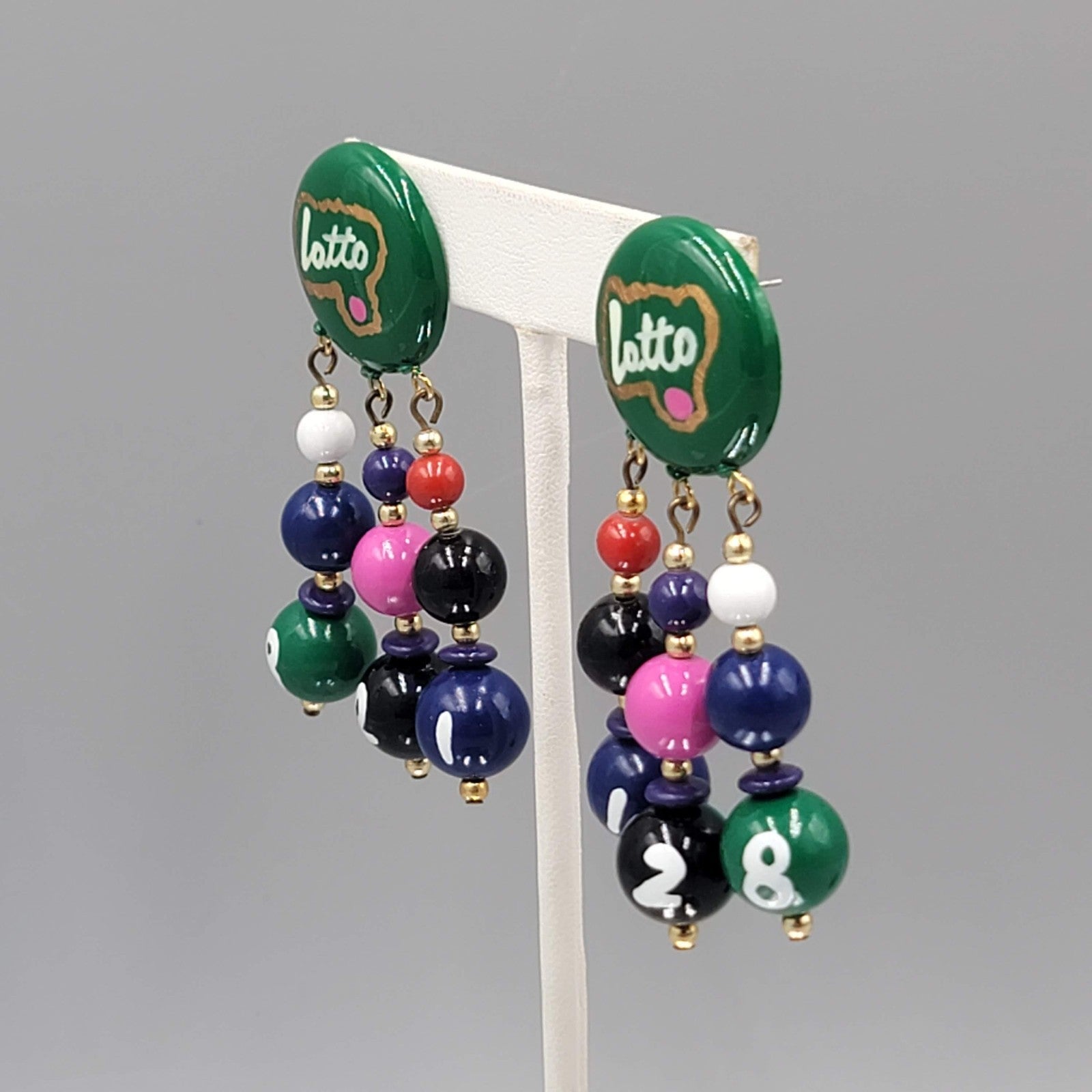 Vintage LOTTO Pierced Earrings Hand Painted Gold tone Dangle 2.5 in