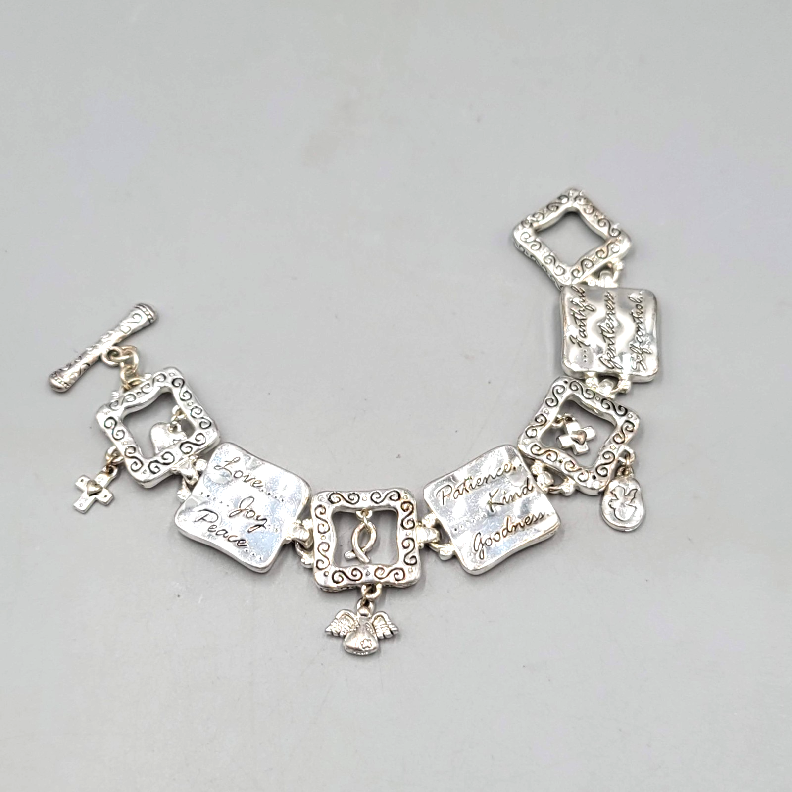 Love Joy Peace Panel Bracelet Silver tone Patience Kind Goodness 7 in