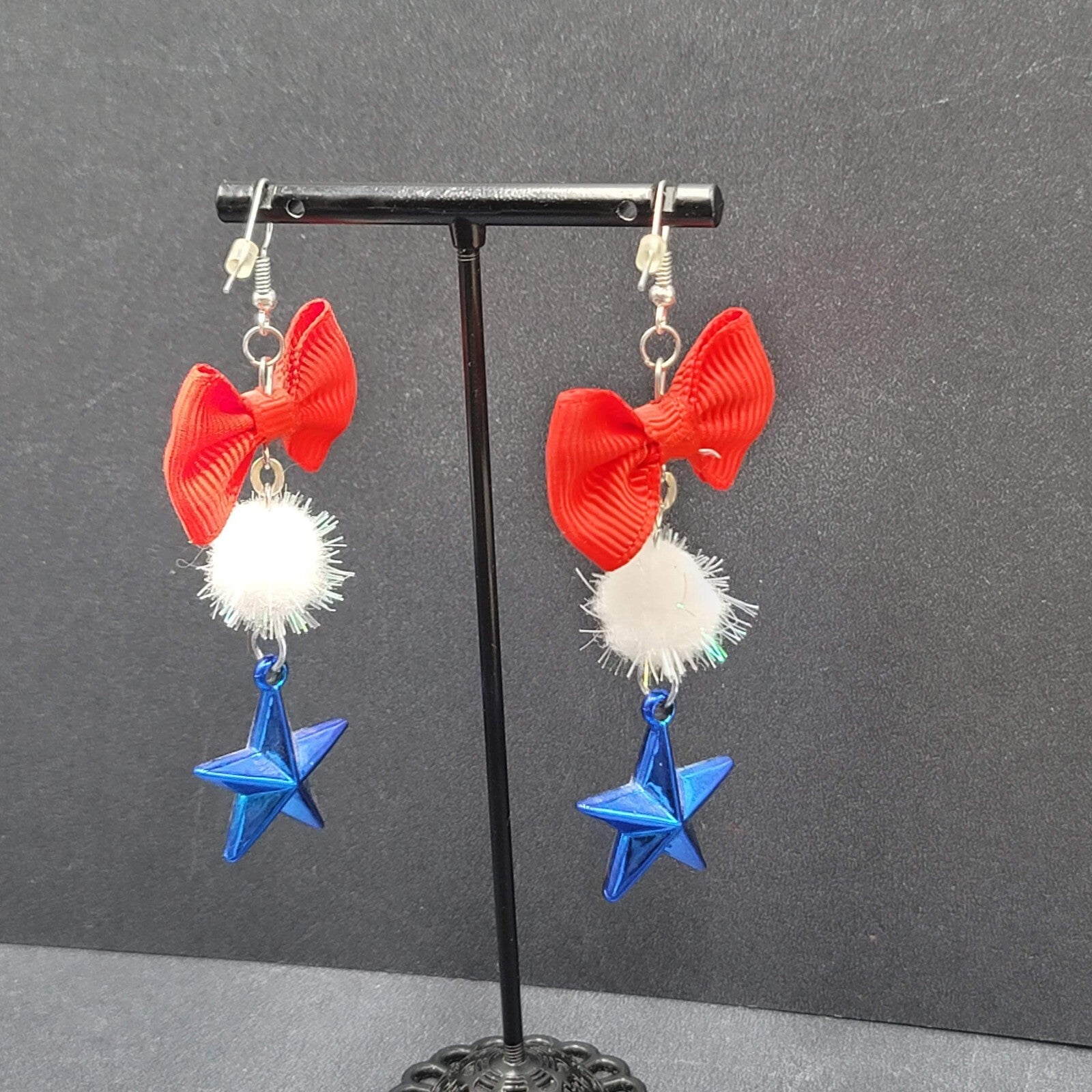 Patriotic Pierced Earrings Red Ribbon Bow Pom Pom Blue Star 2.75"