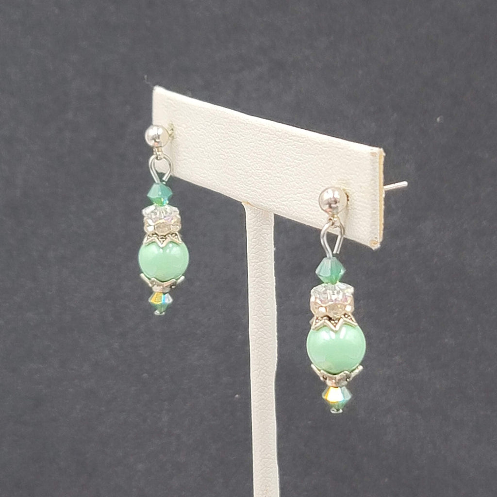 Pierced Earrings Silver tone Green Capped Beaded Dangle 1"