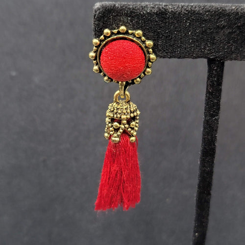 Boho Pierced Earrings Antiqued Gold tone Red String Tassel 2"