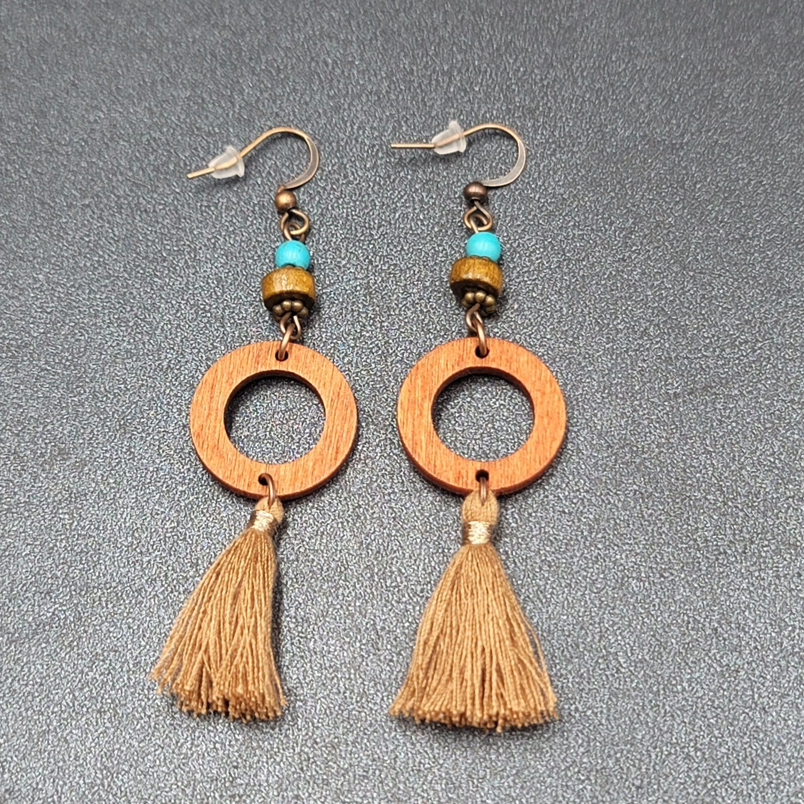 New Boho Pierced Earrings Wood Ring Beaded Gold String Tassel 2.5"